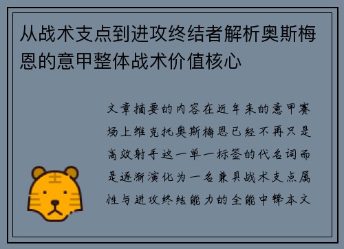 从战术支点到进攻终结者解析奥斯梅恩的意甲整体战术价值核心 从战术支点到进攻终结者解析奥斯梅恩的意甲整体战术价值核心